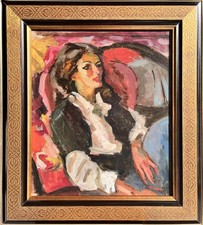 Tableau de Pierre CORNU "Elégante dans son fauteuil" HST 55x46 cm