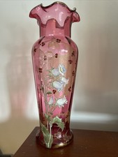 Grand vase en verre soufflé émaillé Art Nouveau à décor floral Bel état Rare !