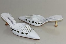 Neuf Manolo Blahnik Blanc Vert Nikan Glissière Mules Talon Bobine Chaussure 37.5