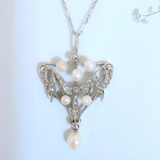 Collier pendentif Art Nouveau ancien en or 18K perles de culture et diamants