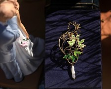 Broche Art Nouveau Une Branche Arbre Email Vert Plaqué Or QD10