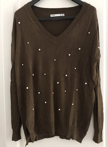 Pull marron encolure perles - pull,