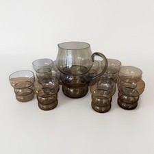 Service Orangeade Pichet Et 9 Verres Années 30 Art Déco Verre Fumé Gris