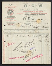 FOUGERES (35) USINE de CHAUSSURES JAMBIERES GUETRES "E. PACORY" Facture en 1913