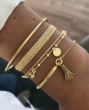 4x Bracelet Femme Doré Or Jaune Lot Bijoux Avec Chaîne Réglable Jonc Accessoire