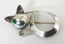 Vintage Signed Saul 925 Sterling Silver Winking Cat Brooch - Taxco Mexico