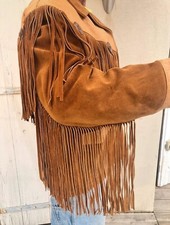 veste western cuir marron doublé vintage à franges 2 poches 