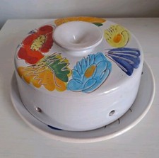 Cloche à fromage Et Assiette Plat Céramique Décor Fleur Signé Dlg Mc TREINEN 