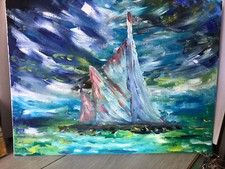 Peinture à l'huile, toile d'artiste : Tableau d'un voilier sur l'océan. signé VC