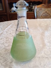Joli Petite CARAFE en Verre Avec Bouchon -  Art Déco Granité Vert et Liserés Or