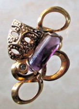 Ancienne grande broche masque couleur or véritable améthyste bijou vintage 1916