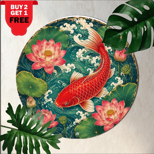 Koi fish lotus pond - lotus, round
