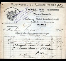 PARIS (XII°) USINE de PASSEMENTERIES & FOURNITURES de TAPISSIER "A. GOUJON" 1890