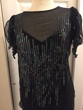 Vintage 80’s Black Beaded 2 Piece Dress With Top . Chiffon Paneled Hem Line. ..