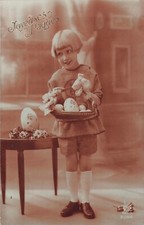 CP SEPIA PAQUES PETITE FILLE COUPE CARRÉ SOURIANTE PANIER OEUFS DECORES - 73705