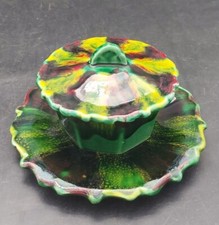 CONFITURIER OU BONBONNIERE EN BARBOTINE MAJOLICA XXème CAMAIEU DE VERT H 9 cm