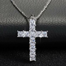 4mm Princesse Brillant Coupe Imitation Diamant Pendentif Croix Chaîne Argent