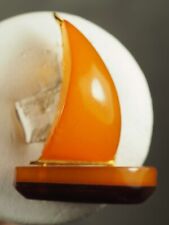 BROCHE ANCIENNE BATEAU AMBRE NATURELLE ANTIQUE SHIP AMBER BROOCH