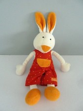 X9. DOUDOU PELUCHE  BABYSUN LAPIN ECRU BLANC SALOPETTE ROUGE ORANGE GRELOT TBE