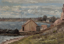 Affiche rustique quai fluvial - art mural hangar à bateaux en bois -...