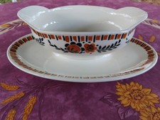 Saucière sur Plateau Faience Saint Amand Modèle Corneil Art Déco Floral Orange