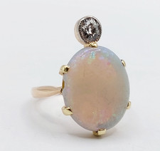 Bague duchesse antique or rose 14k opale cabochon et diamant taille ancienne