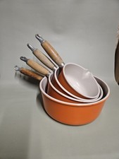 LOT 4 CASSEROLES LE CREUSET 14-16-18-22 ORANGE VINTAGE / MANCHES EN BOIS