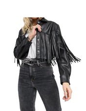 Blouson moto motard femme vintage à franges en cuir d’agneau véritable noir