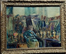 TABLEAU HUILE SUR CONTREPLAQUE 5F SIGNATURE A IDENTIFIER-LA BROCANTEUSE