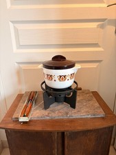 Ancien Appareil Fondue Alcool Fonte VINTAGE Le Creuset Cousance Fleurs Orange