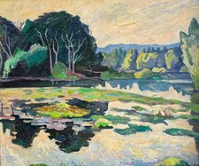 Franck Innocent (Rouen XXe), Paysage : L'Eure à Pont de l'Arche, Rouen, huile