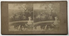 Famille bourgeoise Jardin Vasque Sculpture Photo c1860 Stereo Vintage 