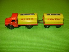 JOUET ANCIEN CAMION CITERNE BENZIN AVEC REMORQUE EN FER BLANC