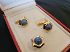 Boutons de Manchettes & Pique à cravate  DUPONT plaqué Or & Pierre Bleue