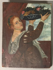 19e ou 20e huile sur Panneau signée d'aprés le Titien Fille au panier de fruits