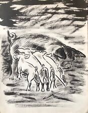 Cochon truie encre attribuée à Elsa Desportes peintre animalier Poisson c 1960