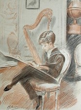 Paul-César HELLEU : Etudiant, dessin, musique, science, GRAVURE signée, 1913