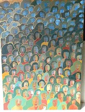 TABLEAU VINTAGE SIGNÉ VÉRONNE 88 * VISAGES FÉMININS EN FOULE * HUILE sur TOILE