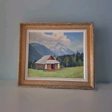 Peinture huile paysage Montagne nature tableau encadré signé H.Mouthier 1952