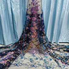 4.6m Tissu Dentelle 3D Rose Fleur Brodé Sequin Tulle Mariage Robe de Mariée