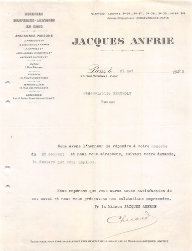 Facture 1922 soieries - facture,