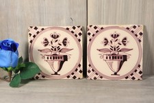 Ancien Paire de Carreaux Décor Vase en Faïence de Delft Hollandaise Sepia 18/19è