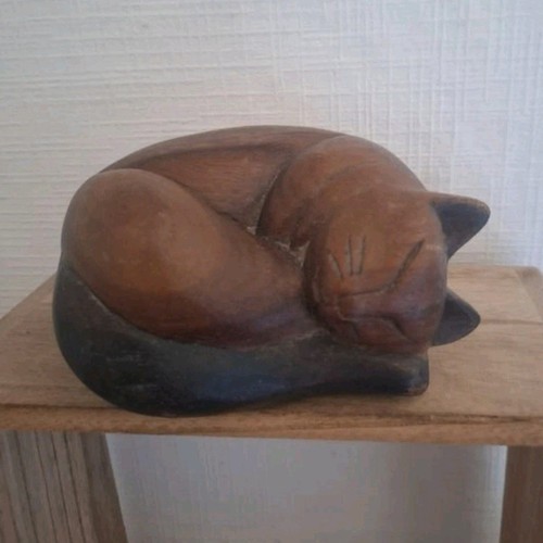 Sculpture chat couché bois - sculpture,