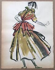 Aquarelle Originale Croquis Mode Robe Orange Kaki Volant Huguette Legoubey 1940s