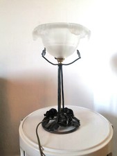 Lampe vintage vasque givrée pied au décor floral design années 60 - 70