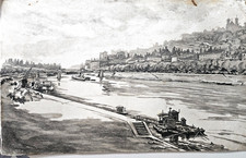 Grand dessin aquarelle de René Aubert. Œuvre originale signée: vue de Lyon