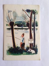 CARTE POSTALE ~ PÊCHEUR ET SON CHIEN ~ ILLUSTRATEUR TETSU ~ POSTÉE EN 1960 ~