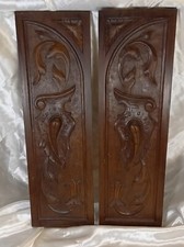 Antique Pair French Solid Chestnut Wood Panels Salvaged Hand Carved