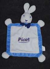?Doudou Plat Lapin Bleu PICOT Carré Nœud Papillon Marine Peluche TTBE