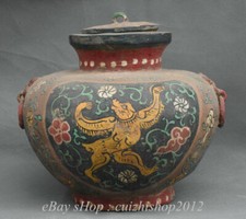 10" Antique Chinese Bronze Ware Painting Beast Face Flower Pot Jar Crock Jug